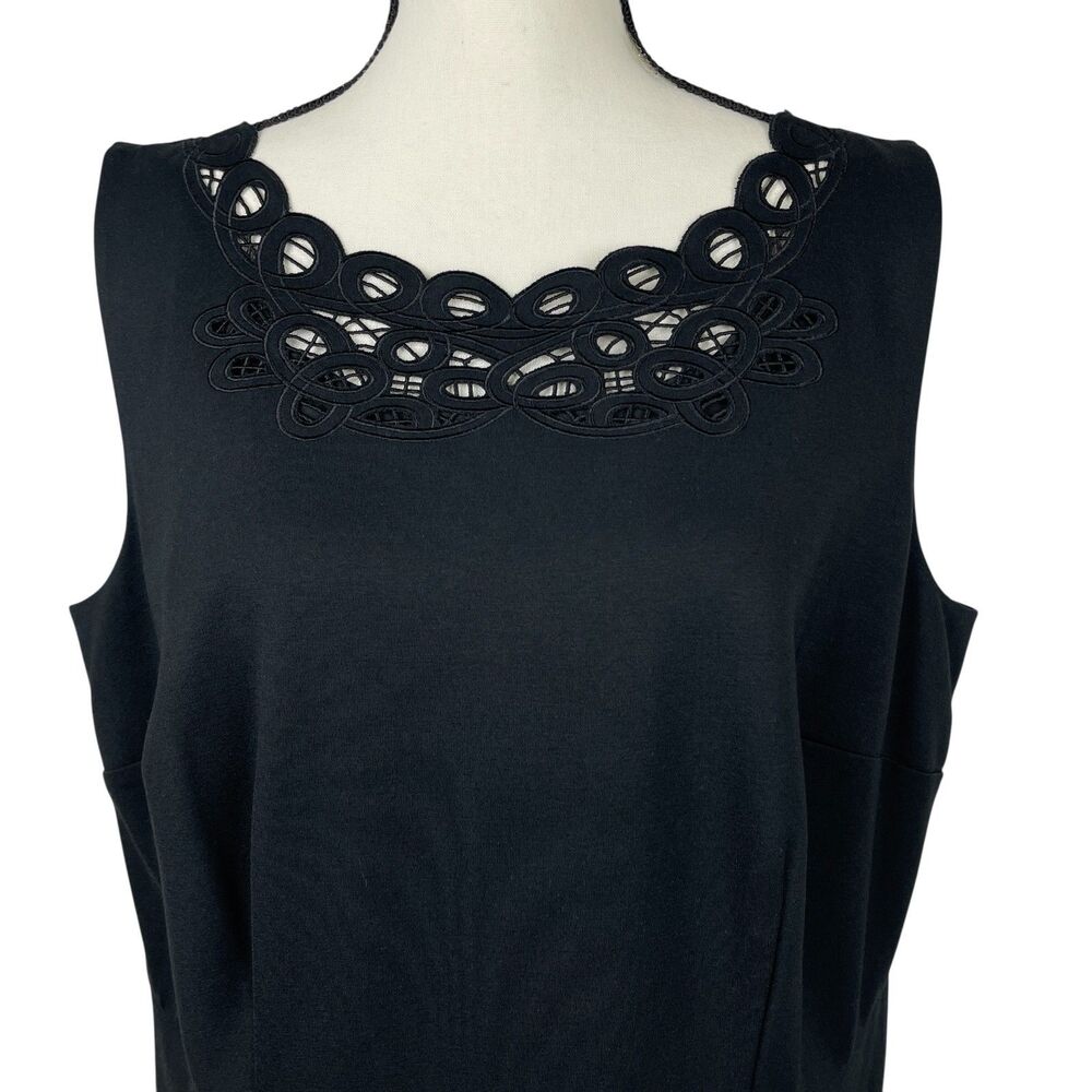 Talbots Fit & Flare Dress 14W Black Sleeveless Scallop Eyelet Trim Embroidered - Picture 2 of 10